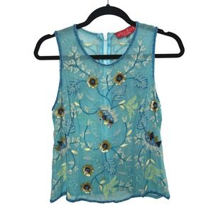 Vintage Aftershock Beaded 100% Silk Top Sz M Embellished Sequin Teal Blue floral
